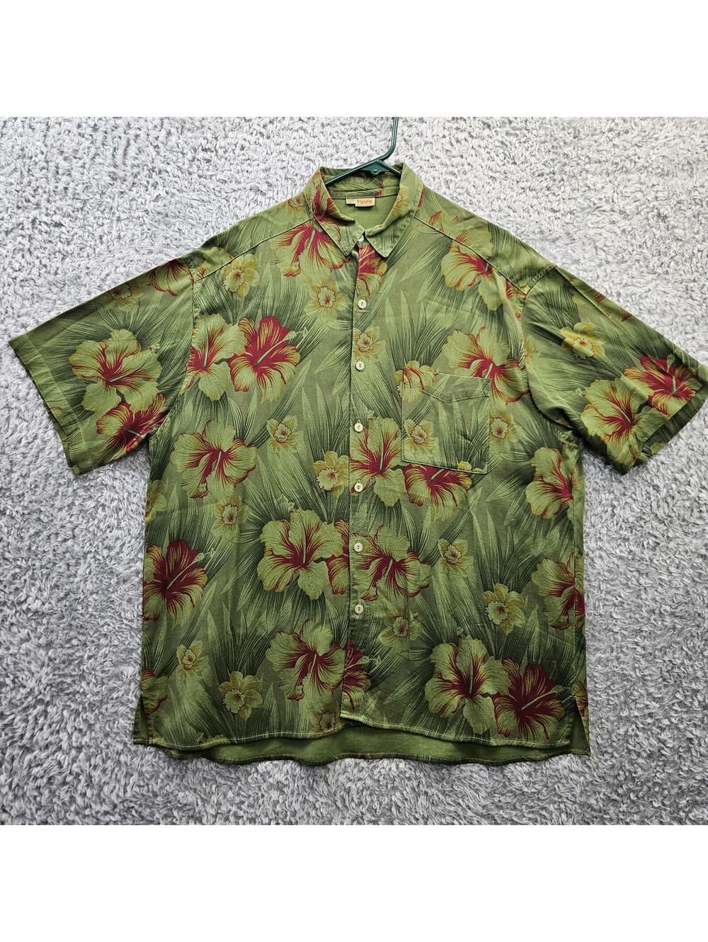 Tianello Shirt Men L Green Floral Made in USA Camp Shirt Tencel Rayon No Flaws